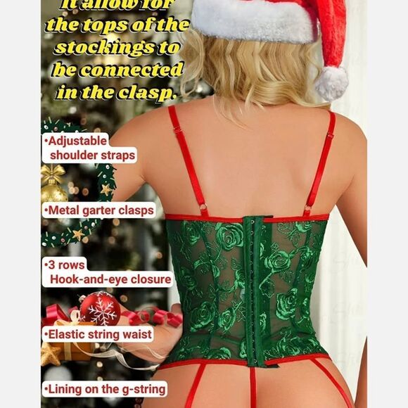 Green Sexy Lingerie Women Christmas Babydoll Santa Teddy Backless Bodysuit US - Picture 5 of 6